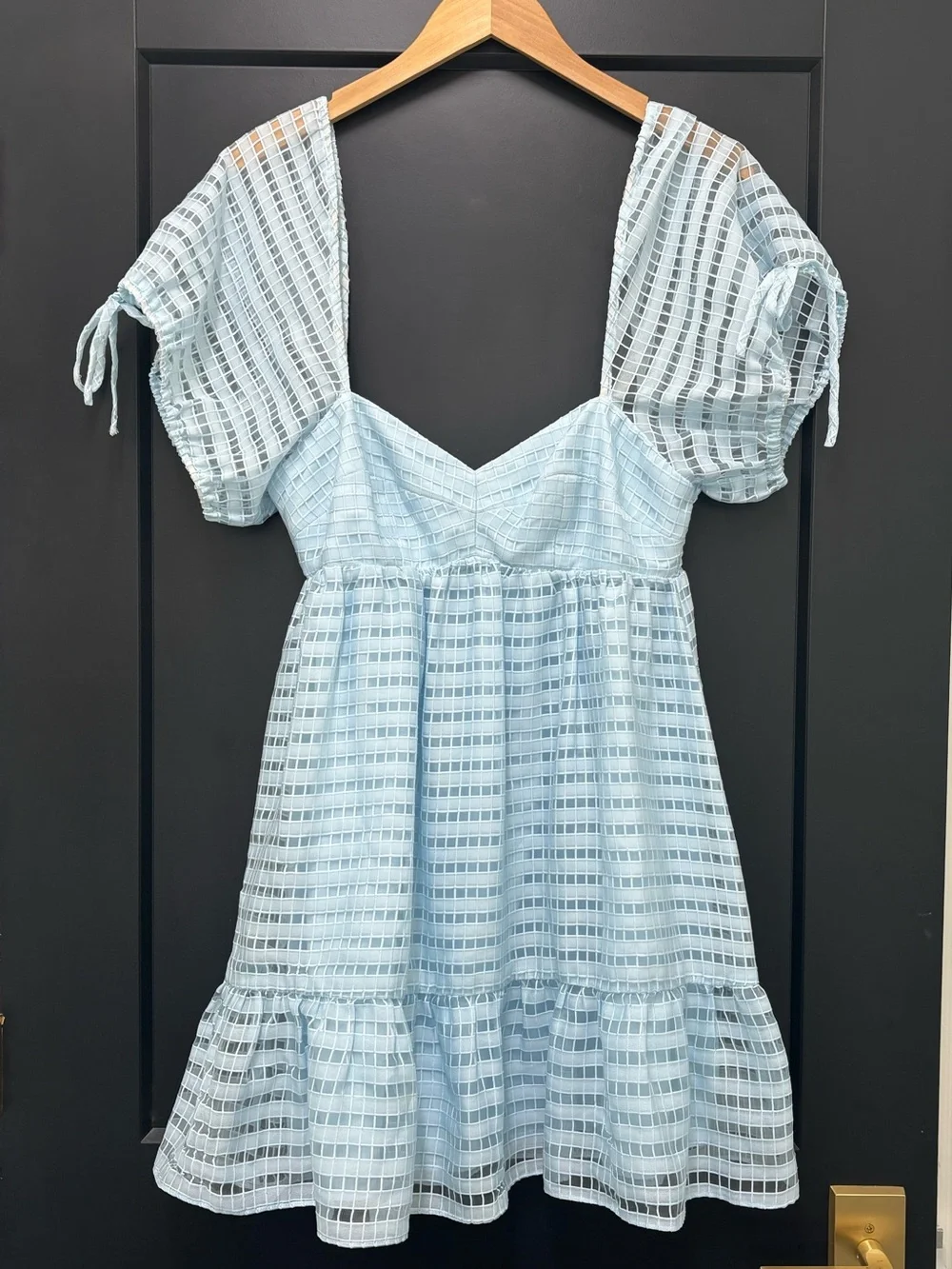 Amanda Uprichard Sicily Mini Dress Powder Blue Textured Puff Sleeve Medium - Picture 2 of 14